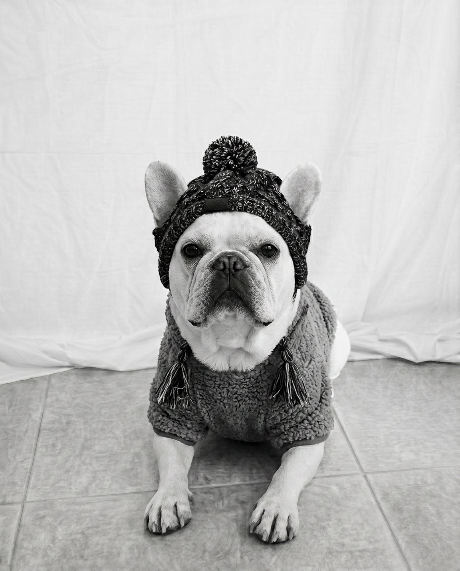 Dog wearing a knitted hat and sweater on a light background