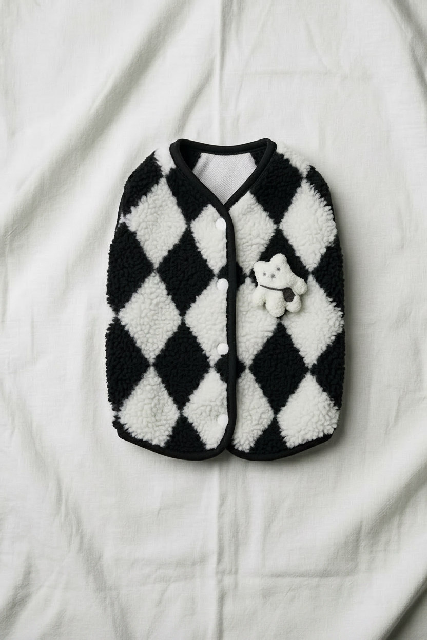 Black and white checkered dog sweater with a teddy bear button on a white background