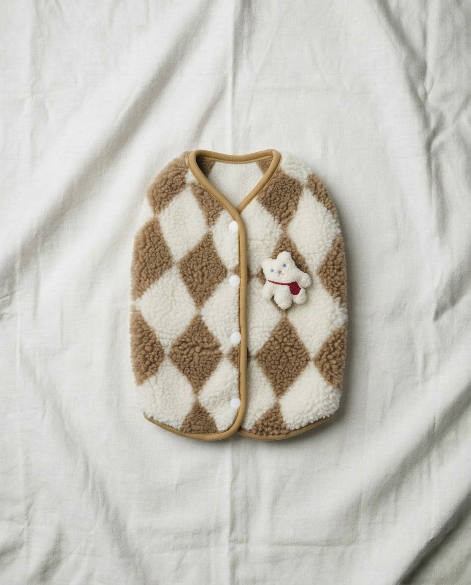 Checkered baby vest with a teddy bear on a white blanket