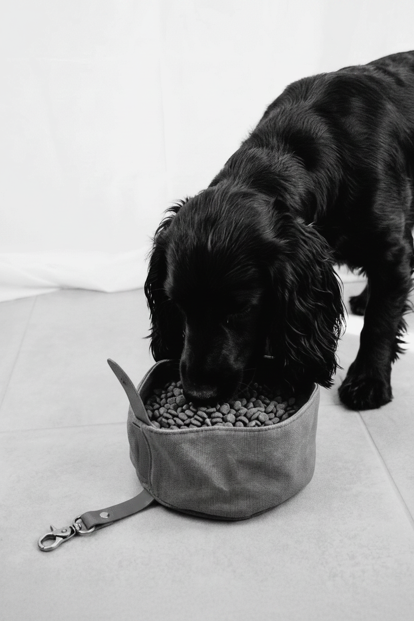 Dog eating from a green fabric dog bowl filled with kibble on a light surface.