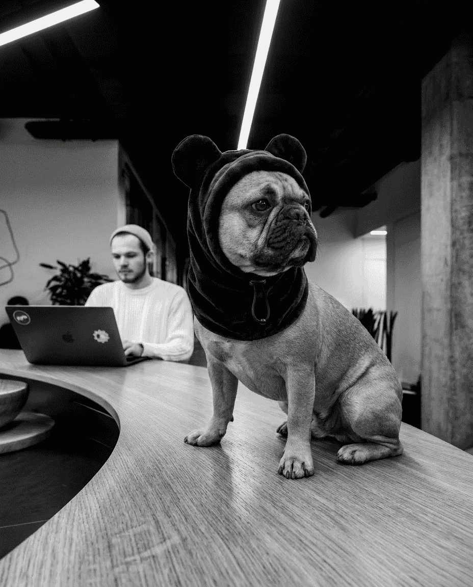 Dog wearing a hoodie sitting on a table with a person using a laptop in the background