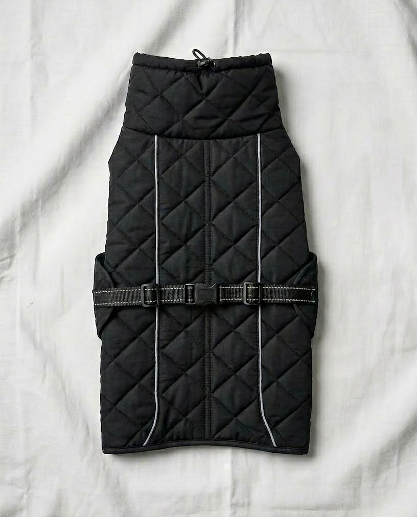 Black quilted dog coat on a light gray background