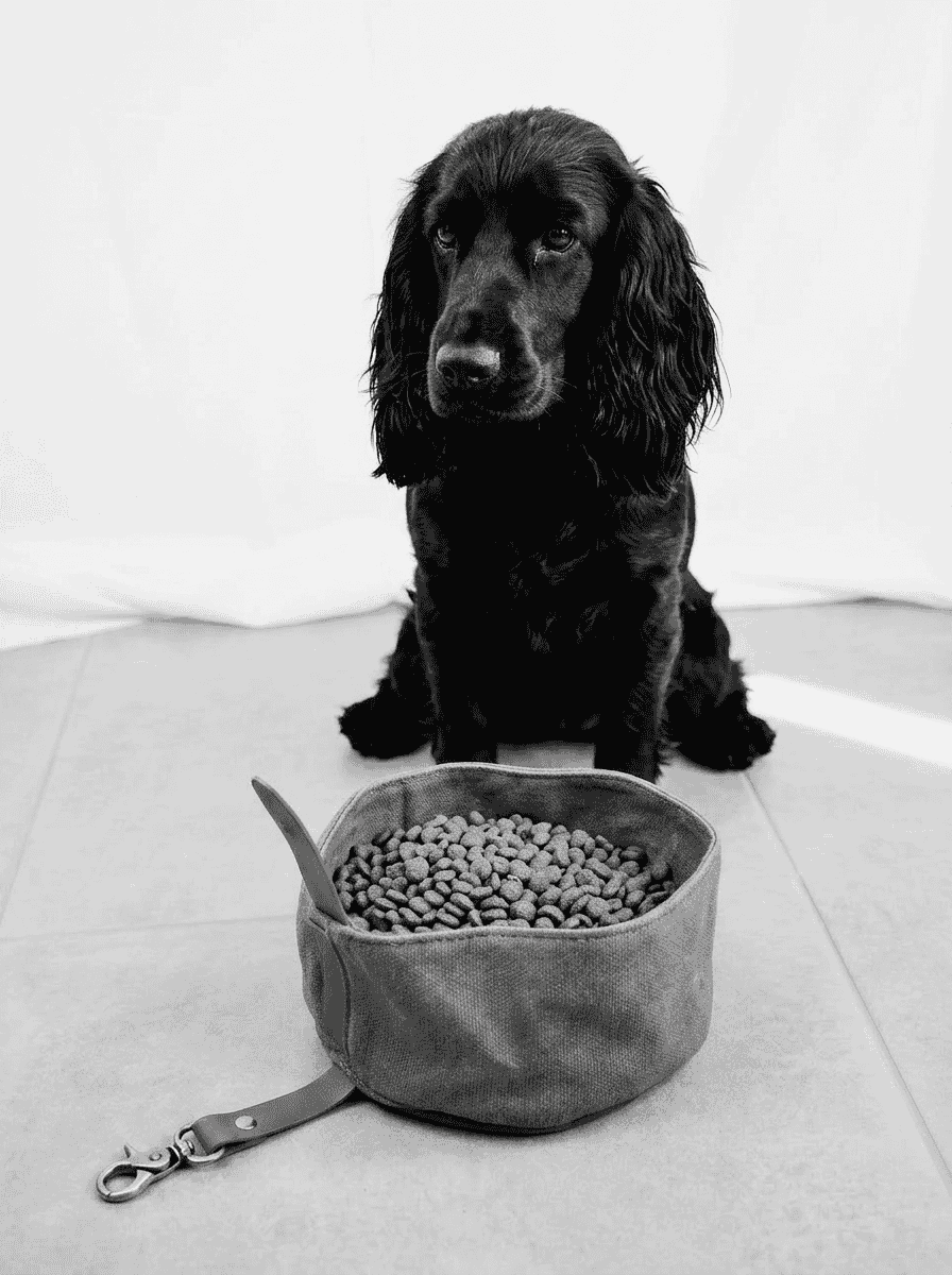 Black dog sitting next to a bowl of food on a light-colored floor.